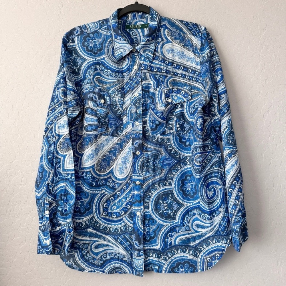 Lauren Ralph Lauren XL Button Down Blue Long Sleeve Paisley Cotton Silk Shirt